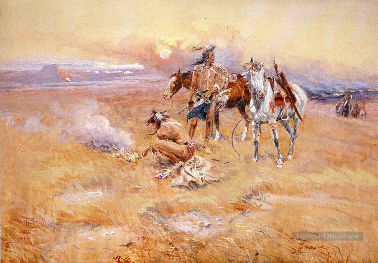 Blackfeet Corbeau brûlant Buffalo Range cowboy Charles Marion Russell Indiana Peintures à l'huile